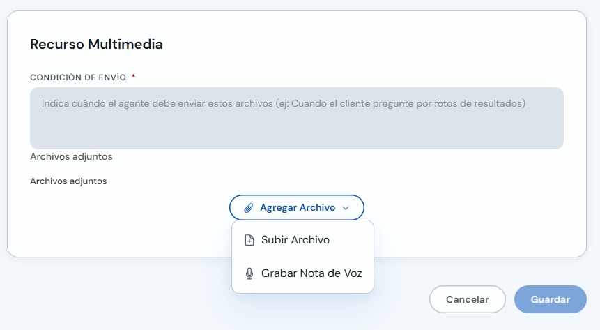 Menú Agregar Archivo con opciones Subir Archivo y Grabar Nota de Voz