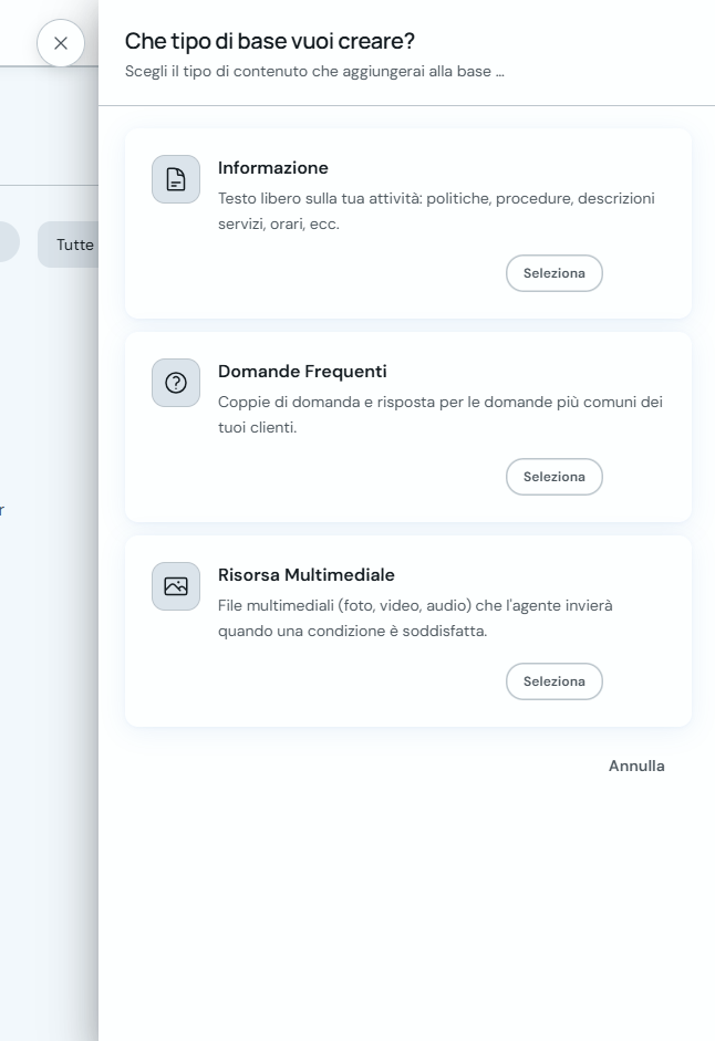 Selettore tipo base di conoscenza con Informazioni, Domande frequenti e Risorsa multimediale