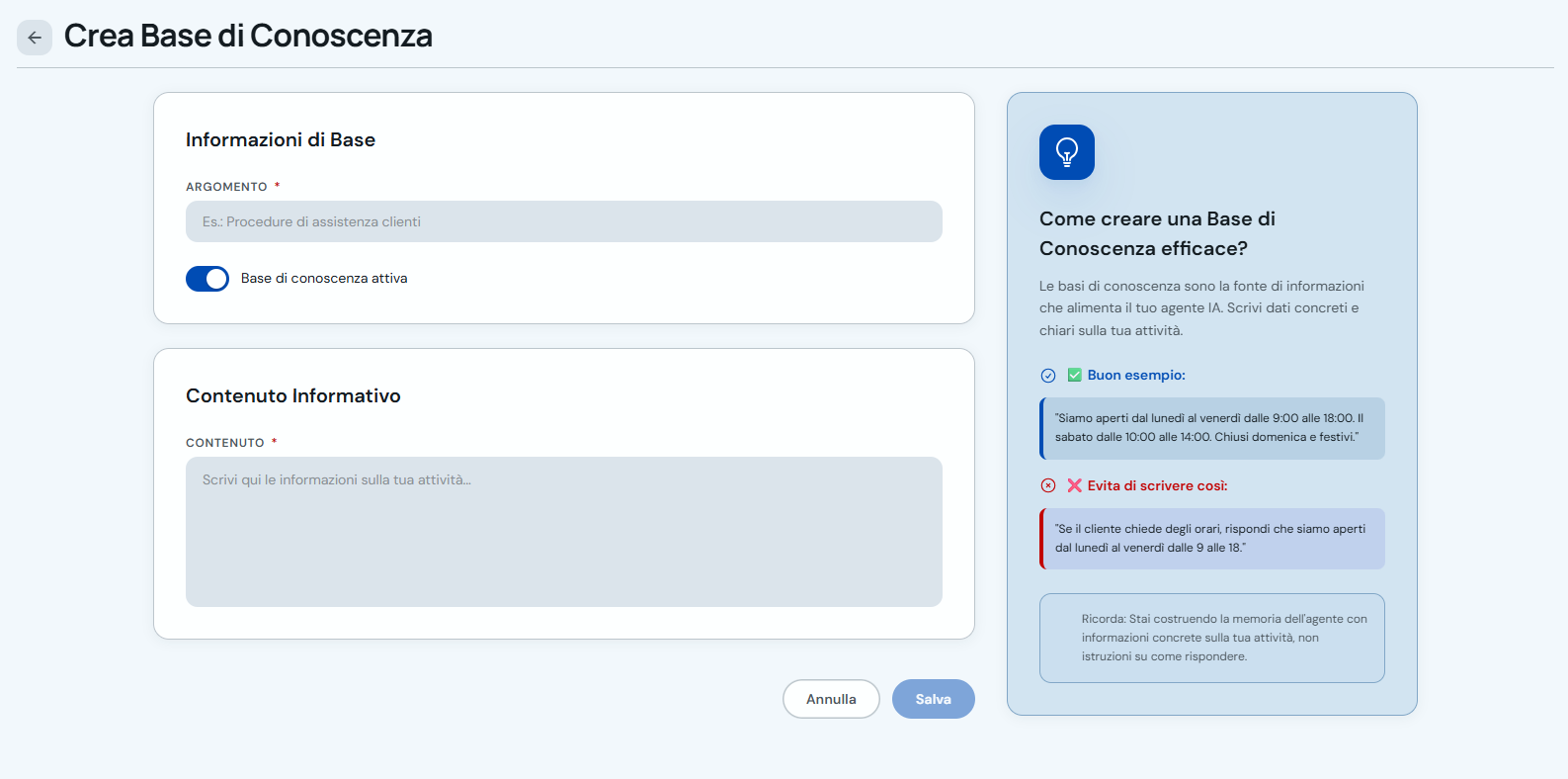 Modulo Crea base di conoscenza di tipo Informazioni con tema e contenuto