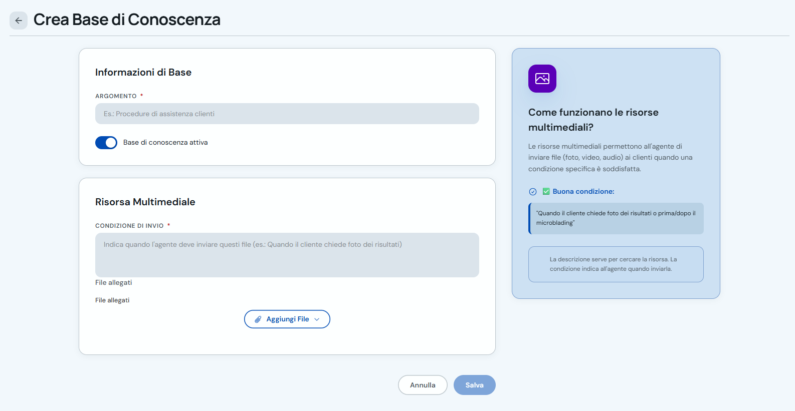 Modulo Risorsa multimediale con condizione di invio e file allegati