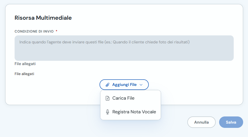 Menu Aggiungi file con opzioni Carica file e Registra nota vocale