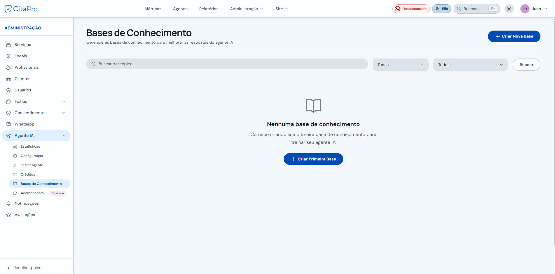 Tela Bases de Conhecimento do Agente IA com botão Criar Nova Base