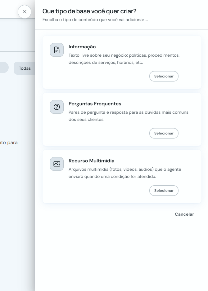Seletor de tipo de base de conhecimento com Informação, Perguntas Frequentes e Recurso Multimídia