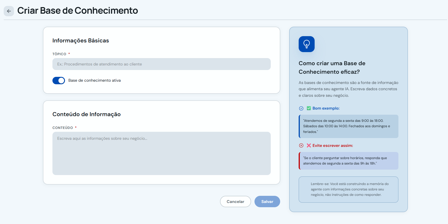 Formulário Criar Base de Conhecimento do tipo Informação com tema e conteúdo