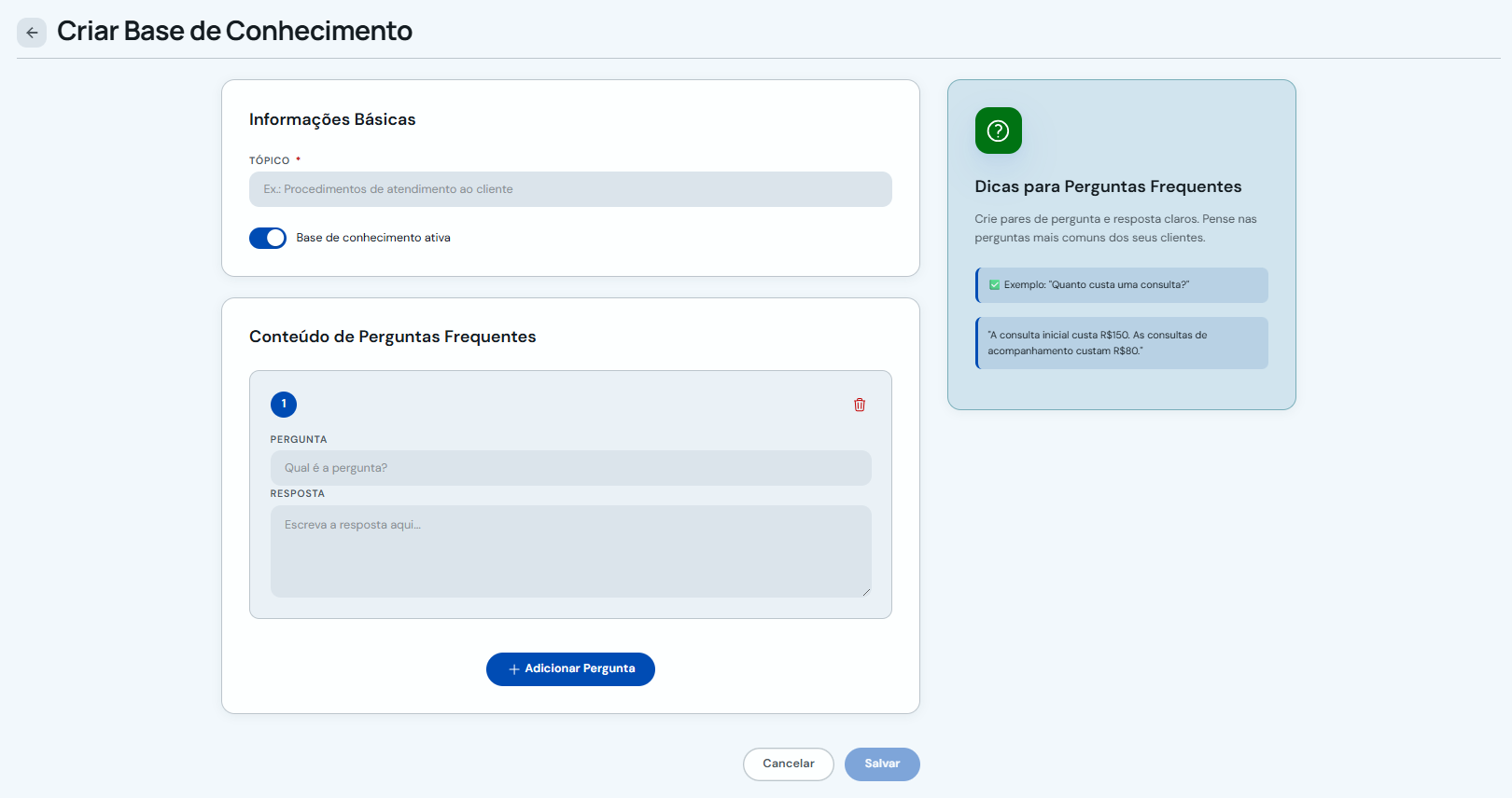 Formulário de Perguntas Frequentes com campos de pergunta e resposta