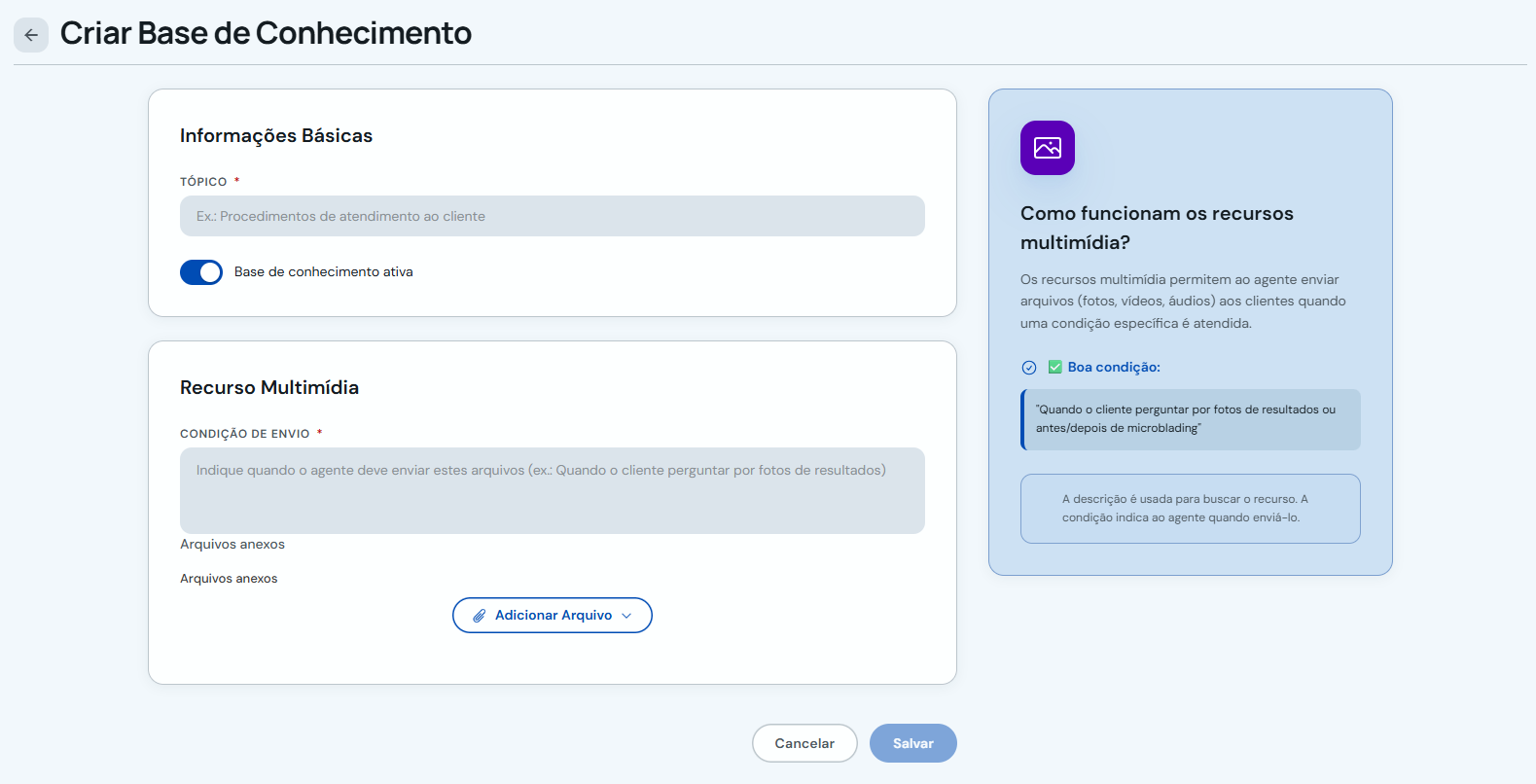 Formulário Recurso Multimídia com condição de envio e arquivos anexos