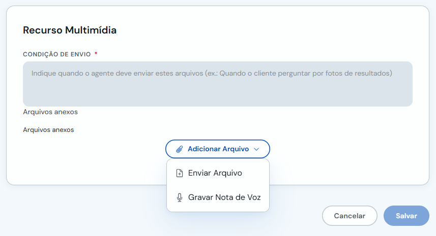Menu Adicionar Arquivo com opções Subir Arquivo e Gravar Nota de Voz