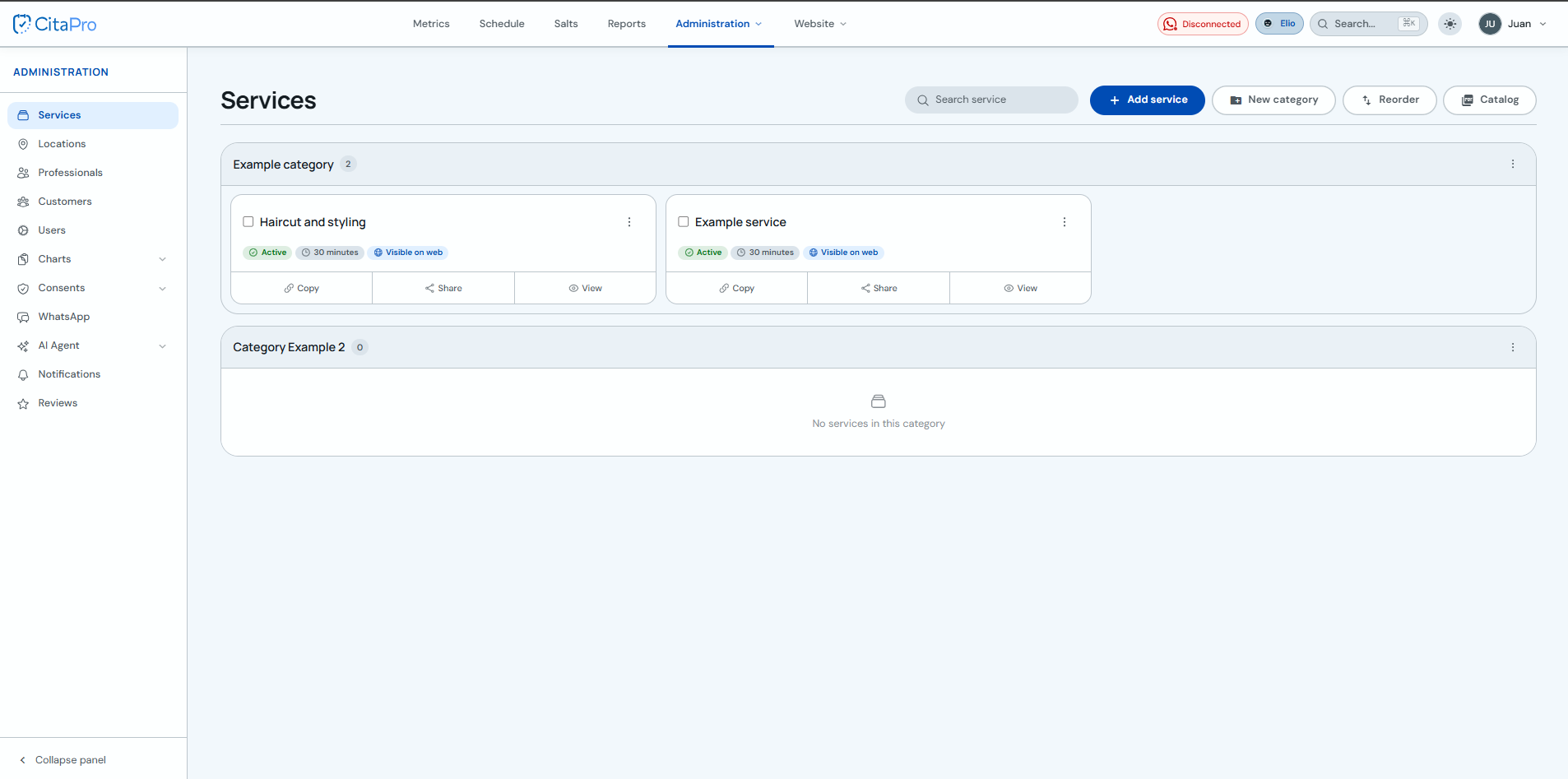 Categories section in Services with the Reorder button