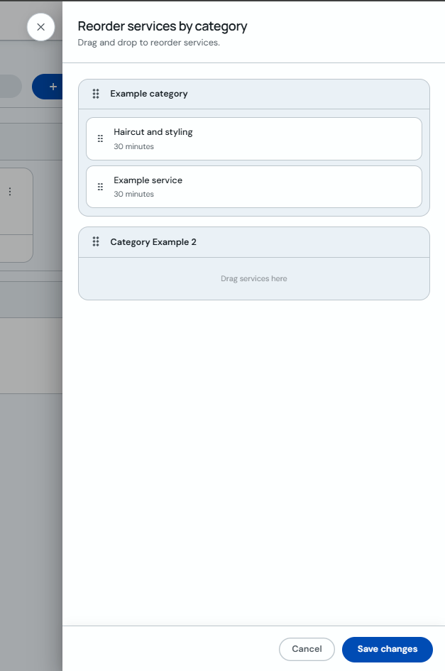 Reordering services by drag and drop within categories