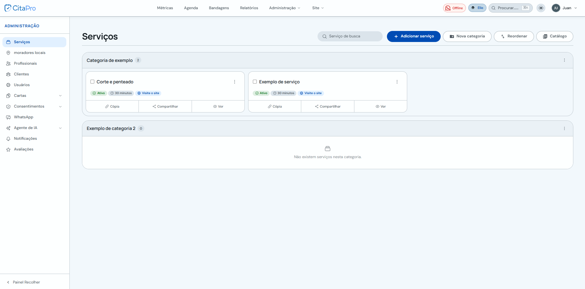 Seção Categorias em Serviços com o botão Reordenar