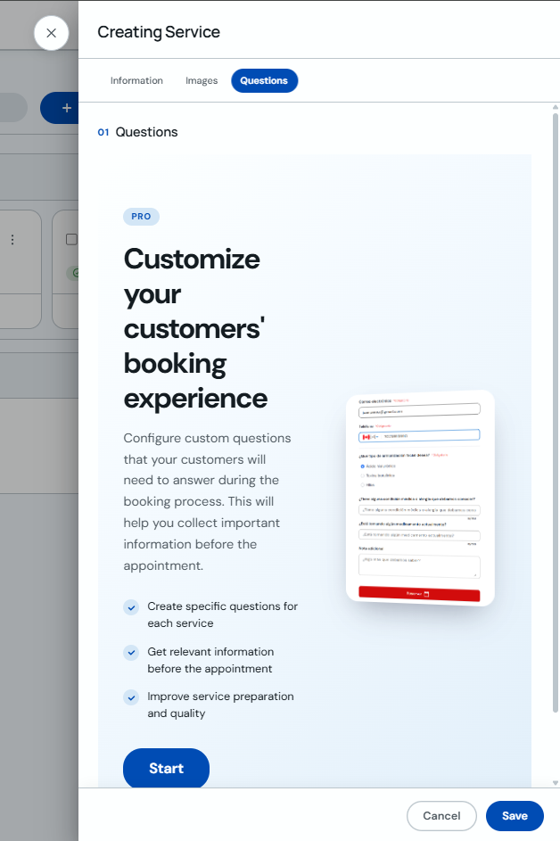 Questions tab while editing a service