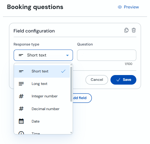 Answer type selector for a booking question
