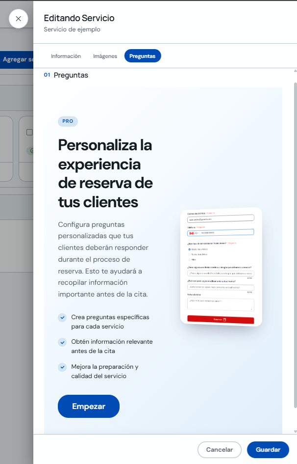 Pestaña Preguntas dentro de la edición de un servicio