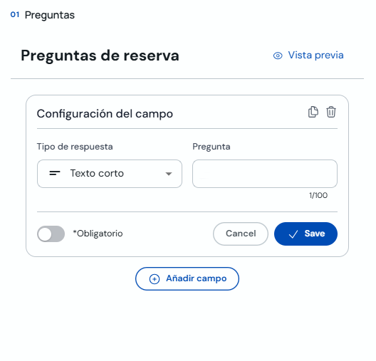 Configuración de un campo de pregunta de reserva