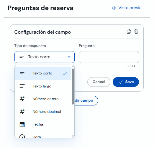 Selector de tipo de respuesta para una pregunta de reserva