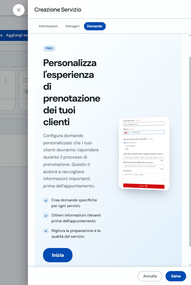 Scheda Domande nella modifica di un servizio