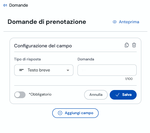 Configurazione di un campo domanda di prenotazione