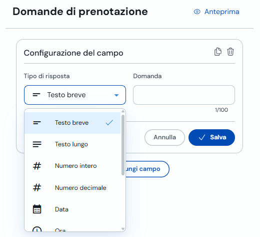 Selettore del tipo di risposta per una domanda di prenotazione