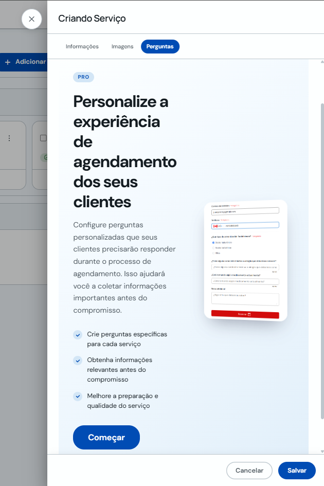 Aba Perguntas dentro da edição de um serviço