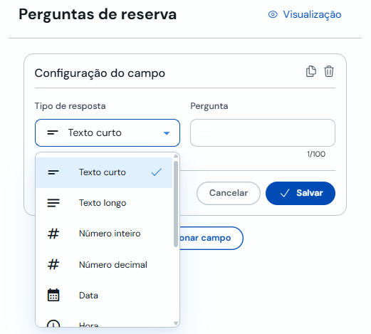 Seletor de tipo de resposta para uma pergunta de reserva