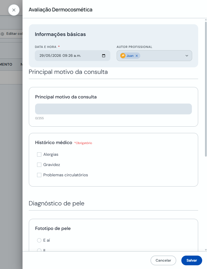 Formulário para registrar uma ficha do cliente