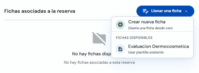 Menú Llenar una ficha en la reserva con plantillas disponibles