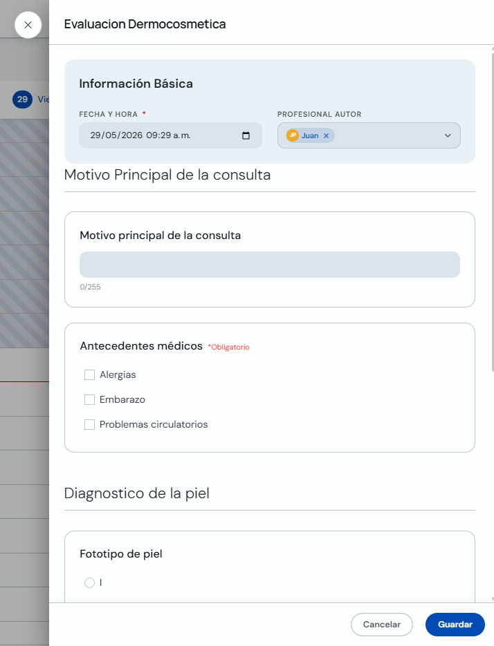 Formulario para registrar una ficha desde la agenda