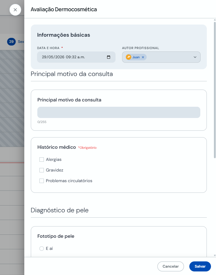 Formulário para registrar uma ficha pela agenda