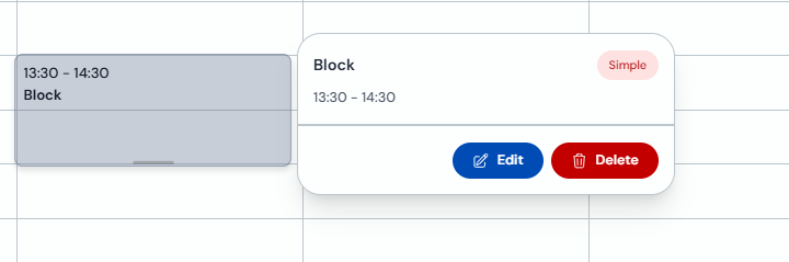 Time block detail in the calendar with the Delete button