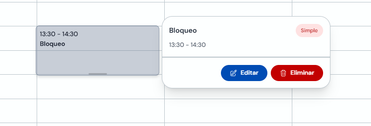 Detalle de un bloqueo en la agenda con el botón Eliminar
