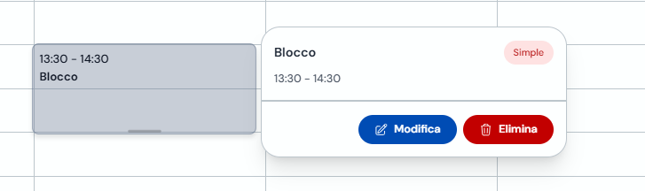 Dettaglio di un blocco in agenda con il pulsante Elimina