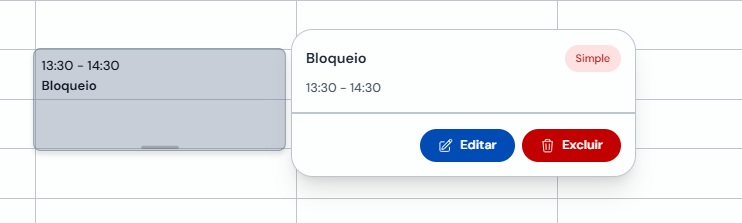 Detalhe de um bloqueio na agenda com o botão Excluir
