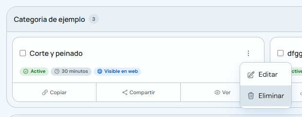 Menú de un servicio con la opción Eliminar