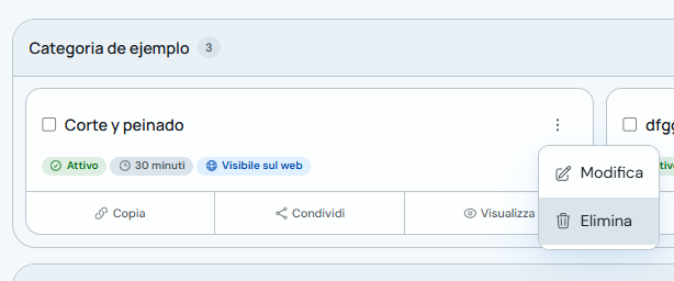 Menu di un servizio con l'opzione Elimina