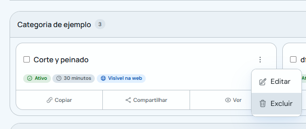 Menu de um serviço com a opção Excluir