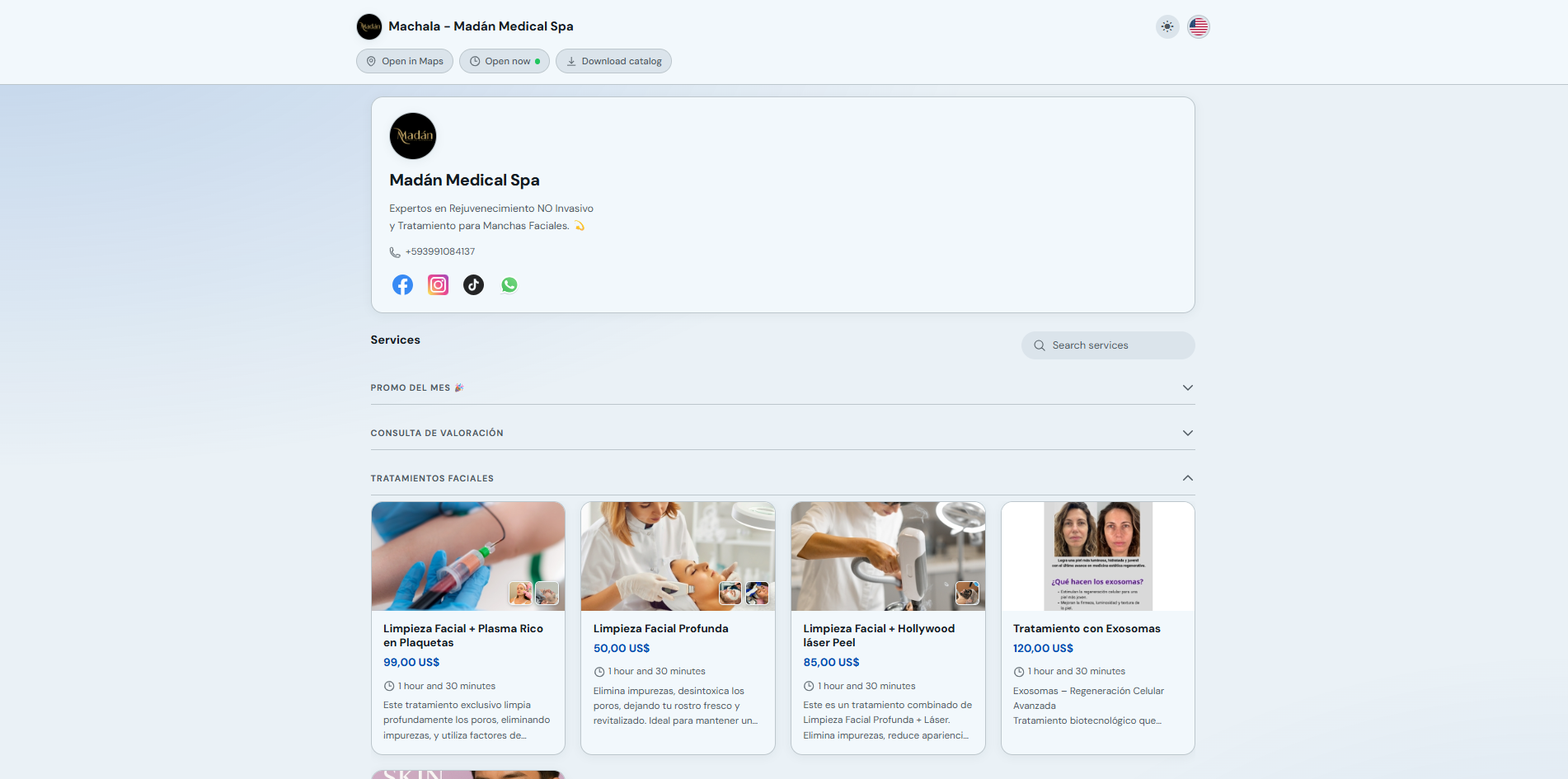 Booking minisite with business info and service list