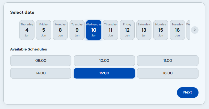 Date and available time selection on the minisite