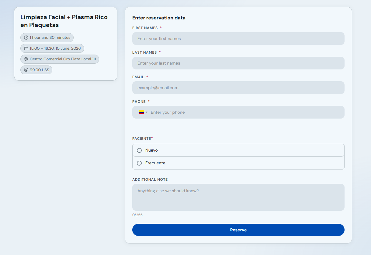 Client details form and Book button