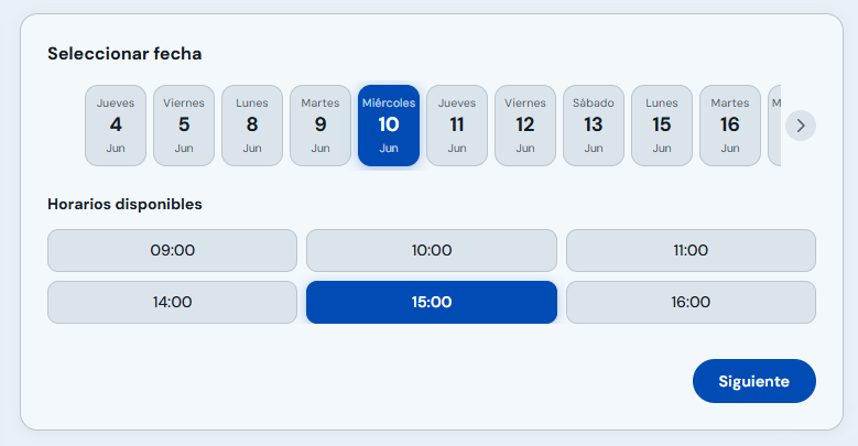 Selección de fecha y horario disponible en el minisitio