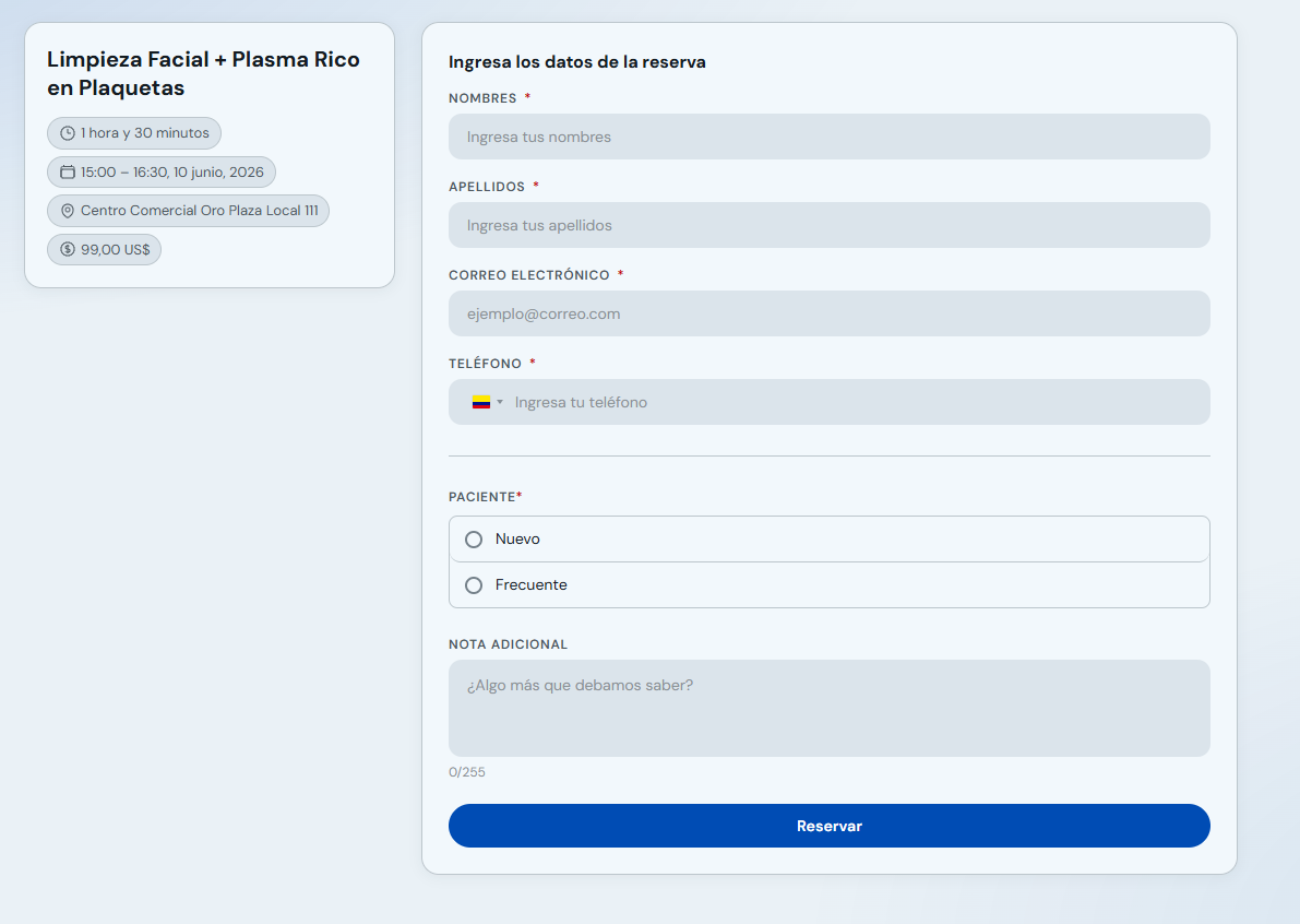 Formulario de datos del cliente y botón Reservar
