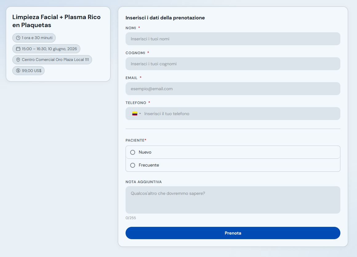 Modulo dati cliente e pulsante Prenota