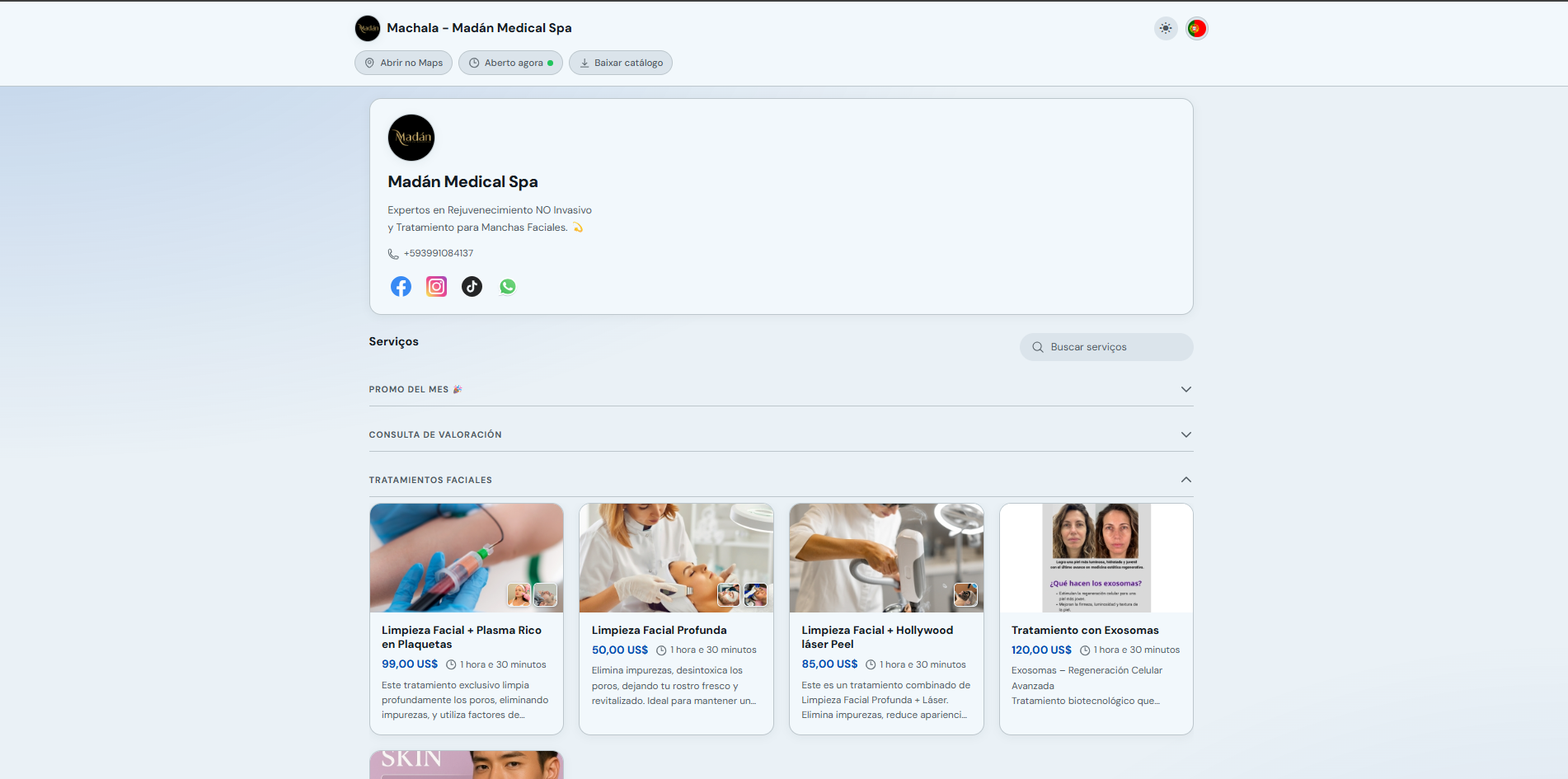 Minissite de reservas com informações do negócio e lista de serviços