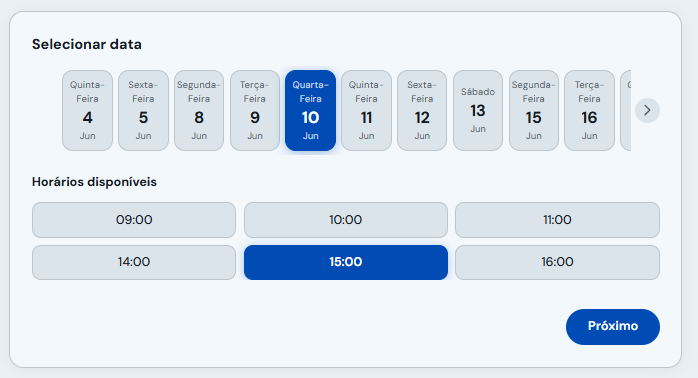 Seleção de data e horário disponível no minissite