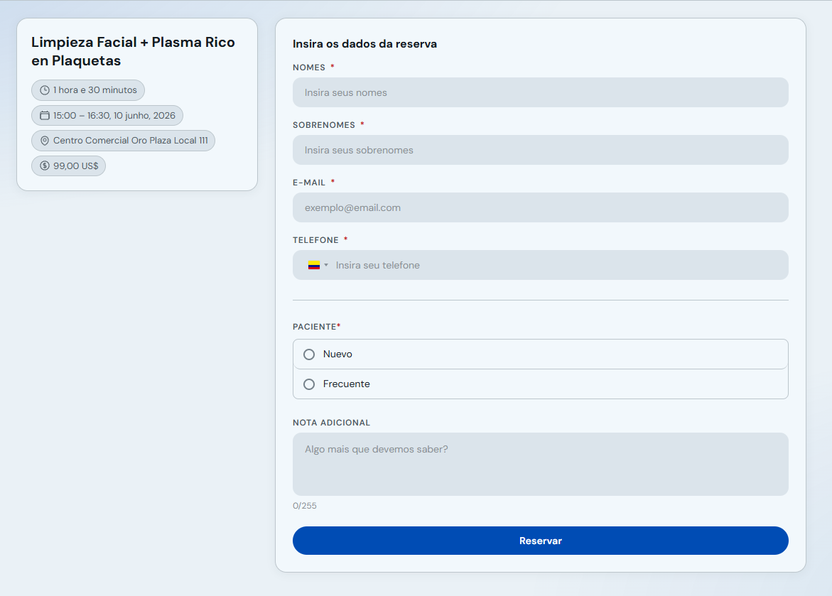 Formulário de dados do cliente e botão Reservar