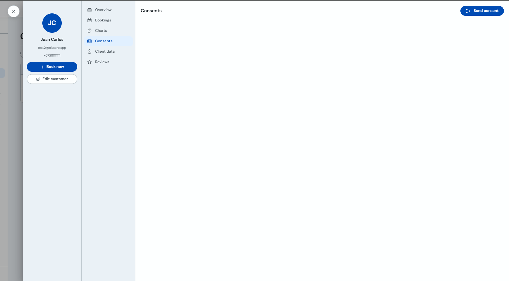 Client Consents tab with Send consent button
