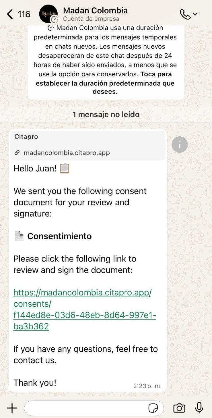 WhatsApp message with link to sign the consent