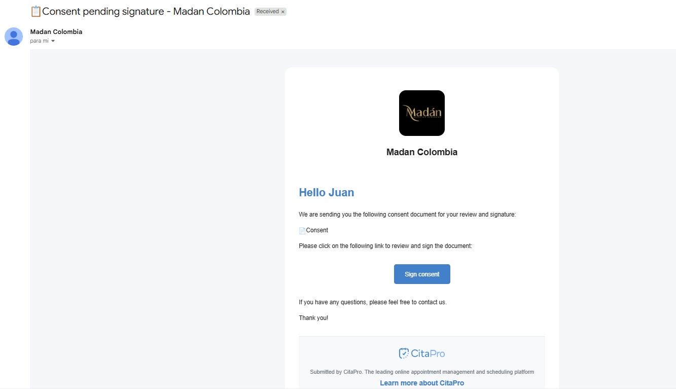 Email with Sign consent button