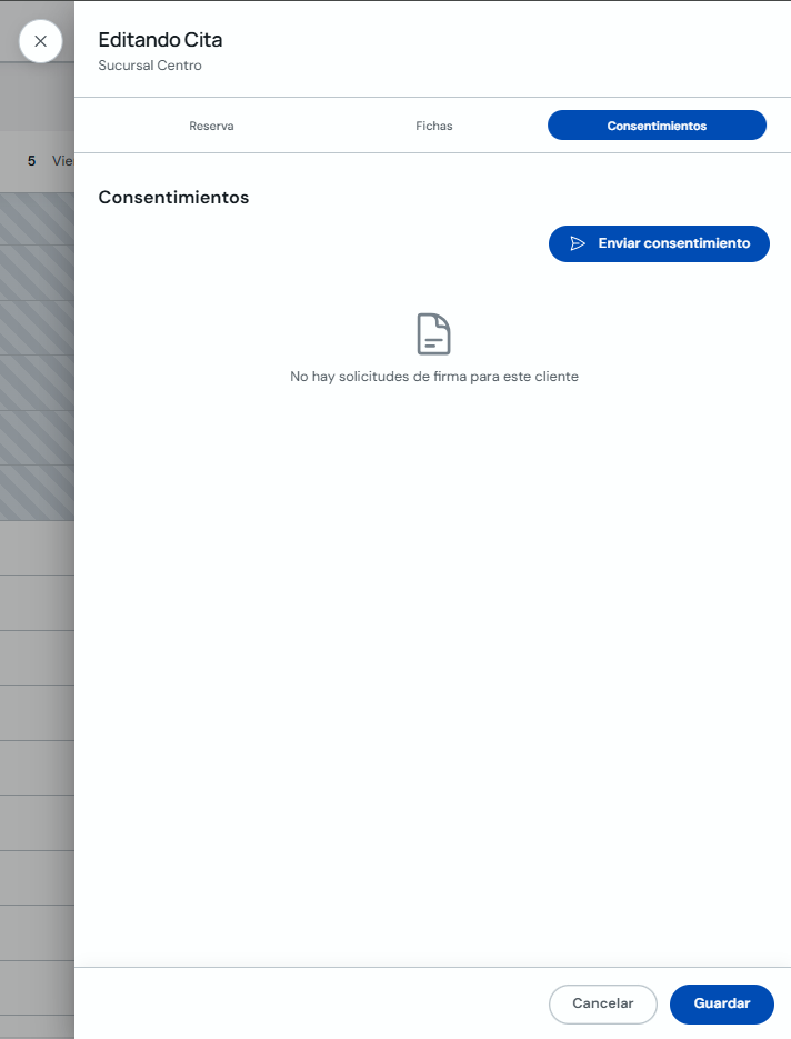 Modal Editar cita con pestaña Consentimientos