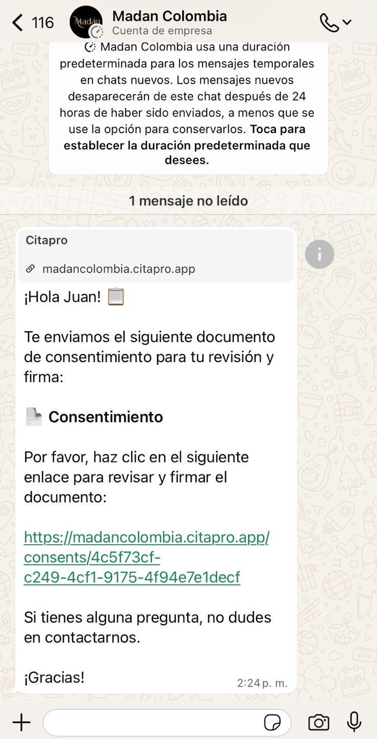 Mensaje de WhatsApp con enlace para firmar el consentimiento