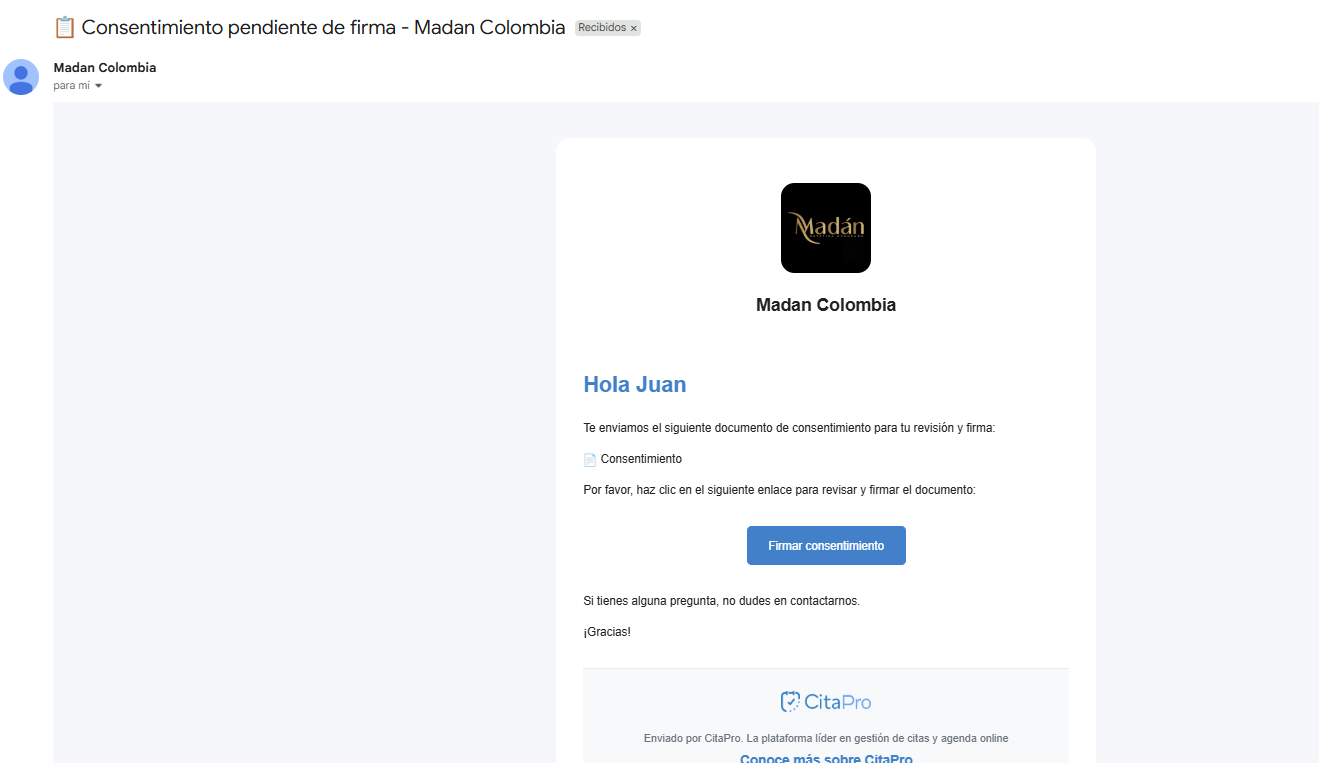 Correo con botón Firmar consentimiento